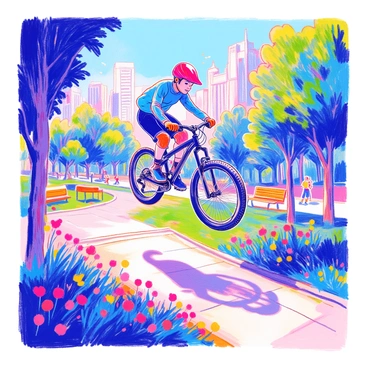 A young biker with a bright red helmet is soaring in the air after hitting a jump. He is dressed in a blue jersey and black shorts, with knee pads and gloves for protection. The bike is a sleek black mountain bike with thick tires. Below him, a lush green city park is visible, filled with tall trees and vibrant grass. In the background, there are park benches and a walking path with people enjoying their day. Some colorful flowers bloom along the path, adding to the lively atmosphere.