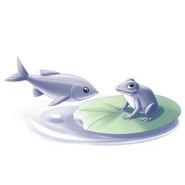 A small minnow with a streamlined body is swimming playfully just beneath the water's surface. It creates gentle ripples as it moves. Beside the minnow, there is a small frog sitting on a green lily pad. The frog has smooth skin and large, round eyes, and it is gazing curiously at the minnow. The lily pad floats serenely on the water's surface, with its broad leaves providing a resting place for the frog. Light plays on the water around them, enhancing the tranquil scene of nature.