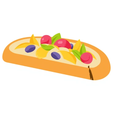 An artistic focaccia topped with colorful vegetables arranged in a landscape
