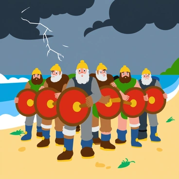 A group of Vikings, wearing traditional chainmail and furs, stands shoulder to shoulder, forming a strong shield wall. Each warrior grips a circular wooden shield, painted with bold colors and designs, held firmly in front of them. Their faces show determination and readiness for battle. The background features a stormy beach, with dark clouds swirling overhead and waves crashing fiercely against the shore. The sand is damp and scattered with seaweed. In the distance, flashes of lightning illuminate the scene, creating an intense atmosphere.