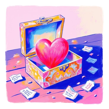 A small, ornate box made of polished wood sits on a wooden table. The box is intricately carved with delicate floral patterns. Inside the box is a bright red heart, detailed with subtle textures that hint at a realistic appearance. The heart is slightly larger than the opening of the box, symbolizing confinement. The box is partially open, and faint light glimmers inside, casting soft shadows. Surrounding the box are small, crumpled pieces of paper, some with scribbled words, representing unexpressed feelings of anxiety and struggle. The overall scene conveys a sense of tension and emotional weight.
