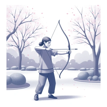 An archer practicing their form in a tranquil garden with cherry blossoms falling around