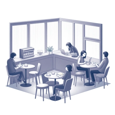 A cozy cafe interior is depicted. The space features large windows through which "rain is falling" outside. Inside, there are wooden tables with comfortable chairs arranged around the room. Soft lighting illuminates the space, creating a warm atmosphere. A counter is visible with an array of pastries and a coffee machine. Patrons are seated, some reading or working on laptops, while others engage in conversation. The sound of raindrops can be imagined, adding to the inviting ambiance.