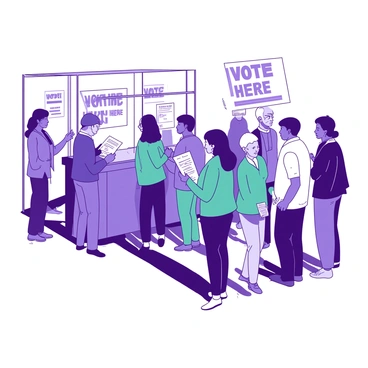 A group of diverse voters is standing in a long line at a voting booth, each person holding a unique voting ballot. The booth is a bright structure with a "Vote Here" sign prominently displayed in bold letters. People of various ages and ethnicities are present, including a young woman with a teal jacket, an elderly man wearing a blue cap, and a child holding a small flag. The atmosphere is one of anticipation and civic duty as they wait patiently for their turn to cast their votes.