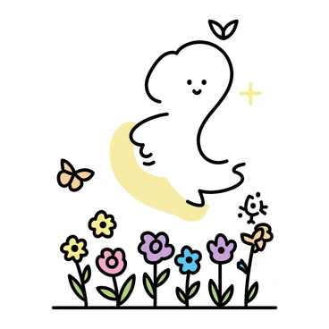 A gentle spirit, depicted as a soft, glowing figure, is floating above a vibrant garden. The garden is filled with various colorful flowers, including red roses, yellow daisies, and blue violets. Butterflies in bright shades of orange, yellow, and purple are fluttering around the flowers, adding to the lively scene. The spirit's translucent form contrasts with the vivid colors of the garden below, creating a harmonious visual balance.
