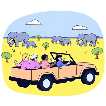 A safari jeep with an open top is driving through a vast savannah landscape. Inside the jeep are four tourists, two of whom are taking photos with cameras. The jeep is painted in a sandy color, blending into the environment. In the distance, a herd of elephants is visible; they are standing gracefully, some with their trunks raised. The elephants are various sizes, with one calf playfully beside its mother. The grass in the savannah is golden and sparse, with a few acacia trees scattered around. The sky is bright blue with a few fluffy white clouds.