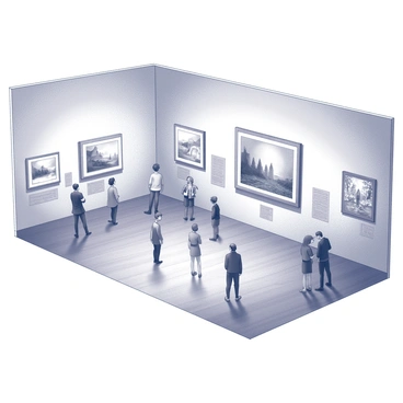 A spacious gallery interior with high ceilings and polished wooden floors. The walls are lined with various large frames containing reproductions of famous illustrations. Each artwork is positioned with ample space around it, ensuring a clear view. Below each piece, there are labels providing context, neatly arranged and clearly legible. The lighting is soft and focused, highlighting the details of the illustrations and casting gentle shadows on the floor. Visitors are scattered throughout the gallery, some standing in front of specific pieces, while others engage in quiet conversations, creating an atmosphere of appreciation for art.