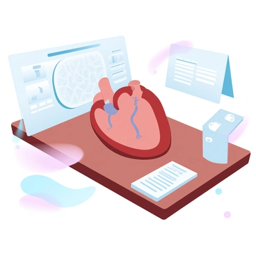 A 3D printed model of a human organ, specifically a heart, is placed on a sleek wooden table. The heart model features accurate anatomical details, showcasing various chambers and blood vessels. Surrounding the heart model are educational materials, including a diagram that labels the different parts of the heart and a small booklet with information about its functions. Soft, gradient pastel colors are used in the background, creating a subtle and inviting atmosphere for learning.