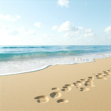 A sandy beach with fine, light-colored sand covering the ground. Distinct chromosome patterns are visible, intricately formed in the sand, showcasing their unique shapes. Gentle waves roll onto the shore, creating a contrast with the sandy patterns. The water is a clear blue, reflecting sunlight as the waves break softly against the beach. Light fluffy clouds are scattered across the sky, adding depth to the scene.