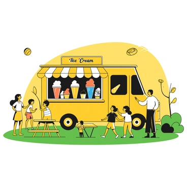 An ice cream truck with a large yellow exterior and an open window displaying a variety of ice cream flavors. The truck has a sign that reads "Ice Cream" in bold letters. Colorful containers filled with different ice cream flavors are visible through the window. The truck is parked in a park surrounded by green grass and a few trees. Children are gathered around the truck, eagerly pointing at the flavors, while some adults stand nearby, smiling. A couple of picnic tables are positioned in the background, and a frisbee is being thrown in the distance.