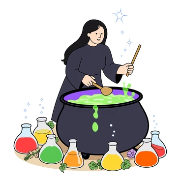A witch with long, flowing black hair wearing a dark robe stands over a large, bubbling cauldron. The cauldron is filled with a vibrant, swirling potion that glows in shades of purple, green, and blue. Surrounding the cauldron are several colorful flasks, each filled with liquid in various bright colors such as red, yellow, and orange. The witch is holding a wooden spoon, stirring the potion with a focused expression. Various magical herbs and ingredients are scattered around the surface she is working on, adding to the magical atmosphere. A few sparkles and magical wisps rise from the cauldron, creating a whimsical feel.
