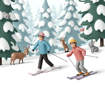 Two skiers, one wearing a blue jacket and black ski pants, and the other in a red jacket and gray ski pants, are gracefully carving their way down a snowy slope. In the background, a dense forest is visible, with tall evergreen trees covered in a blanket of snow. Among the trees, various forest animals can be seen peeking out: a curious brown deer with large ears, a fluffy gray rabbit with its nose twitching, and a bright-eyed red fox, all observing the skiers with interest. Sunlight filters through the branches, casting soft shadows on the snow-covered ground.