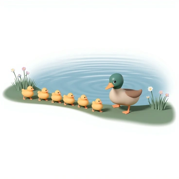 A mother duck, with glossy green feathers on her head and a soft brown body, is leading a row of fuzzy yellow ducklings. The ducklings are waddling closely behind her in a straight line, their tiny feet pattering on the ground. The scene is set near a serene pond, with rippling water reflecting the blue sky above. Lush green grass surrounds the pond, and a few delicate wildflowers dot the landscape, adding color to the scene. The mother duck is glancing back at her ducklings, ensuring they stay close together as they move gracefully along the water's edge.
