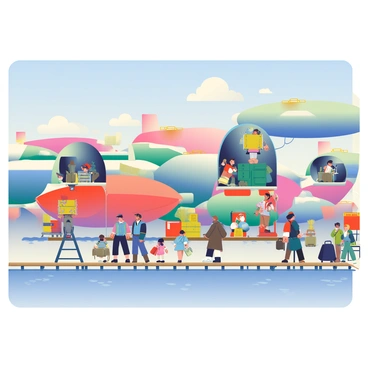 A bustling dock is filled with vintage airships in various colors and designs. The airships are moored at large wooden platforms, their gondolas open as crew members load cargo, including large crates and barrels, alongside passengers dressed in period clothing, such as long coats and hats. The scene is lively, with people chatting, workers moving swiftly, and a few children running about. Nearby, a small group of people is gathered, observing the loading process while holding travel bags. Above, a clear blue sky is visible, enhancing the vibrant atmosphere of the dock.