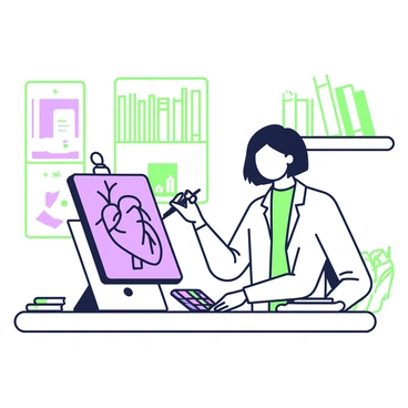 A medical illustrator is seated at a desk, focusing intently on a digital tablet in front of them. They have short, dark hair and are wearing a white lab coat. On the tablet's screen, there is a detailed 3D model of a heart, showcasing various anatomical features like arteries and veins. The illustrator is using a stylus in their right hand to manipulate the model, while their left hand rests on the desk, holding a color palette. In the background, shelves filled with medical textbooks and anatomical diagrams are visible.