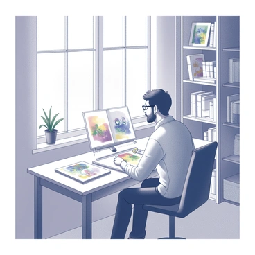 A man sitting at a wooden desk in a cozy home office. He is focused on illustrating scenes for a children's book. The room is filled with shelves stocked with books and art supplies. A large window allows natural light to fill the space. On the desk, there are pencils, sketches, and an open sketchbook displaying colorful illustrations. The man is wearing reading glasses and has a thoughtful expression as he works. A comfortable chair is positioned nearby, and a small plant sits on the windowsill.
