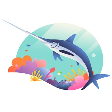 A swordfish with a long, pointed bill is swimming gracefully through a colorful coral reef. Its sleek body is a deep blue with silver accents, reflecting the sunlight filtering through the water. Surrounding the swordfish are various types of corals in shades of orange, pink, and purple, creating a lively underwater landscape. Small, colorful fish dart in and out of the corals, and a few sea anemones sway gently with the currents. In the background, the water is a clear turquoise, enhancing the vibrant hues of the reef.