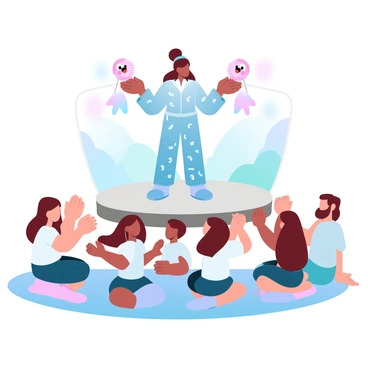 A caregiver is standing on a small stage, holding two colorful puppets in each hand. The caregiver is wearing a bright costume that includes playful patterns. Behind them, a simple backdrop is painted with a whimsical forest scene. In front of the stage, a group of captivated children is sitting on a colorful mat, their faces filled with delight. Some children are clapping, while others are laughing, showing their engagement in the performance. The atmosphere is lively, filled with vibrant colors and the excitement of the puppet show.