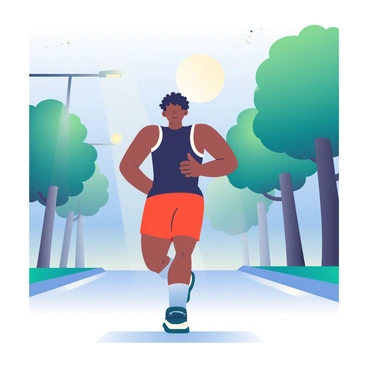 A runner with dark skin and short, curly hair is jogging on a quiet street illuminated by soft moonlight. The runner is wearing a slim-fitting, reflective black tank top and bright red running shorts. Behind the runner, tall trees line the street, their leaves softly rustling in a gentle breeze. The pavement is glistening under the moonlight, creating a serene path. A few distant streetlights cast a warm glow, contrasting with the cool silver light of the moon. The night sky above is clear with a scattering of stars visible.