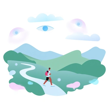 A landscape filled with large, disembodied eyes observing a lone traveler