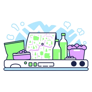 A car dashboard is filled with various snacks and a folded map. On the left side, there is a bag of green chips and a container of purple candy. In the center, a paper map is spread out, showing a detailed route with various landmarks marked. Next to the map, there are bottles of green drinks and a small cooler. On the right, a container filled with purple fruit, such as grapes, is visible. Sunlight streams through the windshield, casting shadows across the dashboard.