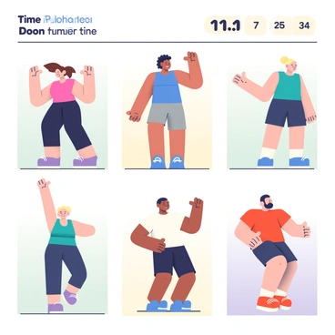 A group of six participants in a virtual fitness class are performing synchronized lateral raises. Each participant is in a separate square on the screen, shown in a grid layout. On the left, a woman with dark brown hair tied in a ponytail wears a bright pink tank top and black leggings, lifting her arms parallel to the ground. Next to her, a man with short, curly black hair is dressed in a blue sleeveless shirt and gray shorts, mirroring her movement. In another square, a woman with light blonde hair in a bun is wearing a teal sports bra and matching leggings, raising her arms with a smile. In the fourth square, a man with a beard has on a white t-shirt and navy shorts, maintaining perfect form. The last two participants include a woman in a purple tank top and a slim man in a red t-shirt, both engaged in the exercise. The background of each square features a simple, light-colored wall. A virtual timer is displayed at the top, counting down the class time.