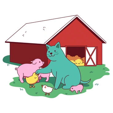 A teal cartoon cat is playfully interacting with small yellow chicks and pink piglets on a farm. The scene is set near a large red barn, which has a white roof and an open door revealing hay inside. The cat is sitting on the grass, with one paw gently reaching out to a curious chick, while a couple of piglets are nuzzling against its side. The sky above is clear, allowing sunlight to illuminate the lively farm atmosphere.