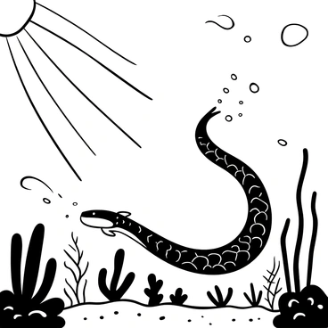 A long eel with intricate, flowing patterns swims gracefully through beams of sunlight filtering down into the water. The sun's rays create a playful interplay of light and shadow on the ocean floor. Around the eel, various underwater plants sway gently with the current. Bubbles rise from the eel's sleek body, creating a sense of movement in the tranquil water.