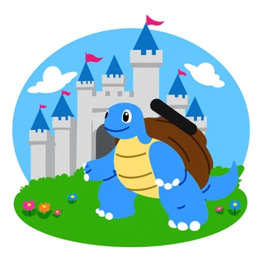 A blue Blastoise with large, prominent cannons on its back is standing guard outside a majestic fairy tale castle. The castle features tall spires and intricate stonework, with colorful banners fluttering from the towers. Lush green grass surrounds the castle, dotted with vibrant flowers in various colors. The sky above is bright blue with fluffy white clouds. The Blastoise has an alert expression, with its powerful legs firmly planted on the ground, ready to defend the castle at any moment.