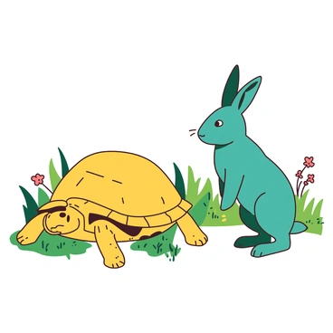 A yellow determined tortoise is focused on moving forward in a sunny meadow. The tortoise has its head extended and its feet partially raised as it makes steady progress. Opposite the tortoise, a teal boastful hare is standing on its hind legs, looking over confidently at the tortoise. The hare has a playful expression, with its ears perked up and a slight smirk on its face. Surrounding them are vibrant green grasses and a few scattered wildflowers, completing the lively scene.