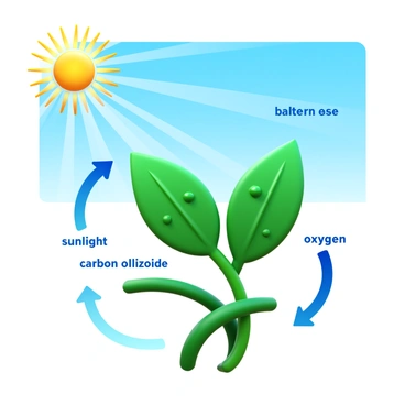A diagram illustrating the process of "photosynthesis." The image includes a bright sun emitting rays in a clear blue sky. Below, there are green plant leaves, showcasing their structure. The leaves have chlorophyll, depicted as small green pigments within them. Arrows are used to indicate the flow of sunlight into the leaves. Additionally, there are labels for "carbon dioxide" entering the leaves and "oxygen" being released. The overall layout is clear and educational, helping to visualize the steps involved in photosynthesis.