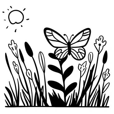 A butterfly with intricate wing patterns resting on a fern leaf. The fern leaf has finely detailed fronds, with the background featuring tall grasses and wildflowers. Sunlight filters through the foliage, creating a play of light and shadow across the scene. The meadow is filled with various plants, enhancing the natural setting.