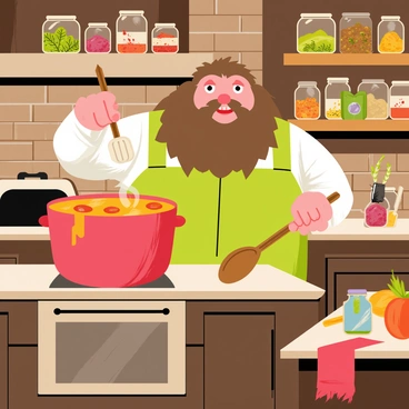 A large, friendly giant named "Hagrid" with a bushy beard is cooking a huge pot of stew on a stovetop in his rustic kitchen. The kitchen features wooden cabinets and a stone fireplace. Around Hagrid, there are numerous jars filled with colorful ingredients such as herbs, vegetables, and spices on the shelves. The pot of stew is bubbling over with steam rising from it, and a wooden spoon is in Hagrid's hand. A few whimsical kitchen tools, such as a large ladle and a cutting board, are scattered on the countertop. The atmosphere is warm and inviting, with a sense of homeliness.
