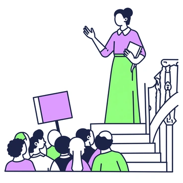 An illustration features "Susan B. Anthony" standing confidently on a staircase, elevated above the crowd. She is wearing a long, flowing dress with a collar and has her hair styled neatly. In her right hand, she holds a piece of paper, while her left hand is raised, emphasizing her passionate speech. The staircase is made of sturdy wood, with intricate carvings on the banisters. The crowd below consists of diverse individuals, some holding banners and others listening intently, showcasing their engagement with her message.