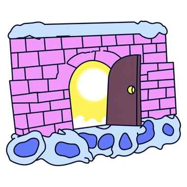 A weathered brick wall with cracks and moss covering the surface. In the center of the wall, there is a hidden door slightly ajar, revealing a faint glow emanating from the opening. The door is made of dark wood with iron hinges, appearing ancient and mysterious. From within the door, a bright light spills out, illuminating the surrounding bricks. The glow hints at an underground world filled with vibrant colors and whimsical shapes, suggesting a lush landscape just beyond the door.