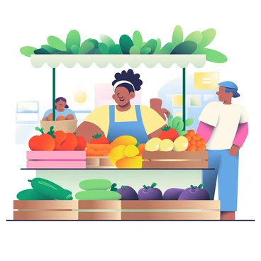 A lively market stall is filled with an array of colorful fruits and vegetables. The seller, a woman with curly black hair tied back in a bun, is standing behind the stall, smiling as she showcases her produce. The stall is adorned with vibrant green leaves and burlap sacks filled with potatoes and onions. Bright red tomatoes, yellow bananas, and orange carrots are neatly arranged on wooden crates in front of her. There are also large green zucchinis and purple eggplants, adding to the colorful display. The background features a sunny day with a few customers browsing nearby, creating a bustling atmosphere.