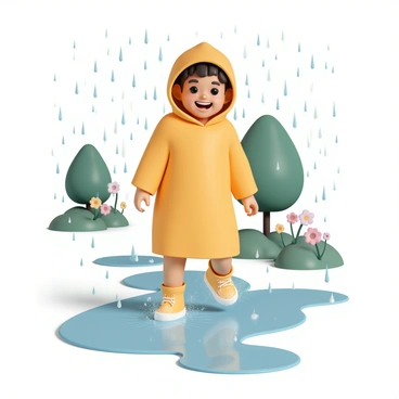 A young person named Lou is wearing a bright yellow raincoat, complete with a hood. They have matching yellow rubber boots on their feet. Lou is joyfully splashing through large puddles on the ground, sending up droplets of water around them. The rain is falling gently, creating a soft sheen on the pavement. In the background, there are green trees and colorful flowers blooming, indicating that it is a vibrant spring day. Lou has a big smile on their face as they enjoy the playful moment in the rain.