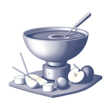 A large fondue pot made of stainless steel, filled to the brim with thick, melted chocolate infused with Baileys. The pot is placed on a small portable burner, gently warming the chocolate. Surrounding the pot are various fruits including sliced strawberries, bananas, and apple wedges arranged neatly on a wooden platter. There are fluffy marshmallows, some skewered on sticks for easy dipping, artistically placed around the pot. The scene is inviting, showcasing the rich texture of the chocolate contrasting with the fresh fruit and soft marshmallows.