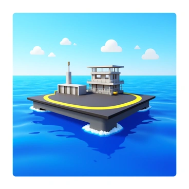 A helicopter pad situated on an offshore oil rig. The helicopter pad is marked with bright yellow lines for visibility. The oil rig features multiple levels with machinery and storage containers visible. Surrounding the rig, the vast sea stretches out to the horizon, with gentle waves reflecting sunlight. A clear blue sky overhead complements the scene, with a few scattered clouds.