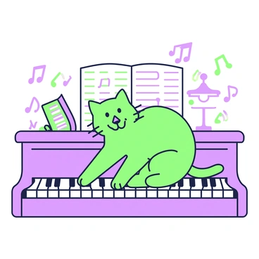 A cat with curly whiskers is sitting on a piano bench. The cat has a playful expression, with its paws resting on the piano keys. The keys are in sharp focus, showing a mix of black and white. Around the cat, there are musical notes floating in the air, indicating an upbeat melody. In the background, there are colorful sheet music and a small music stand, enhancing the scene. The setting is well-lit, highlighting the cat's fur and the details of the piano.