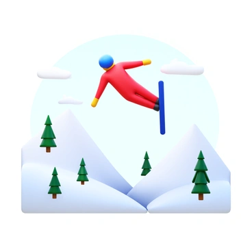 A ski jumper in a bright red suit soaring through the air. The jumper is in a dynamic pose with arms extended and skis angled downward. Below, a snowy mountain backdrop with pristine white snow and scattered evergreen trees fills the scene. The sky above is clear with a few wispy clouds, enhancing the dramatic height of the jump.