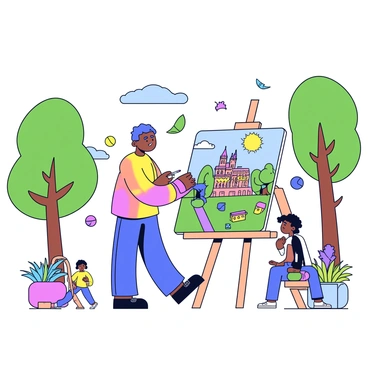 An artist standing beside an easel in a park. The easel holds a canvas depicting an outdoor scene of Montpellier, featuring its distinctive architecture and greenery. The artist is applying bright colors to the canvas with a paintbrush. Surrounding the artist are lush trees and colorful flowers, while a gentle breeze causes some leaves to drift down. In the background, there are people walking and enjoying the park. The sky above is clear with a few fluffy clouds.