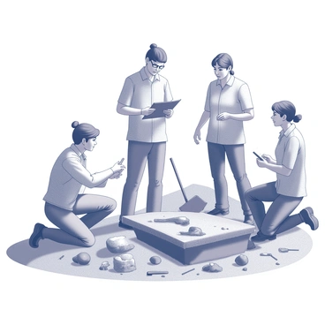 A group of four archaeologists is gathered at a dig site. One archaeologist is kneeling, carefully brushing away dirt from an ancient artifact, revealing its intricate details. Another archaeologist stands nearby, holding a clipboard and discussing observations with a third, who is examining a piece of pottery. The fourth archaeologist is in the background, digging with a trowel and looking up to listen to the conversation. The setting features scattered tools, excavation equipment, and partially excavated layers of earth around them. "Archaeological findings" are written on a nearby board.