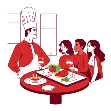 A red chef wearing a white apron is standing proudly beside a beautifully cooked dinner displayed on a rectangular white plate. The plate features a perfectly seared piece of meat, garnished with vibrant green herbs and a drizzle of sauce. In front of the eager diners at the round wooden table, there are elegant wine glasses filled with a golden liquid. The diners, a diverse group of three people, are leaning forward with smiles, eagerly anticipating the meal. The restaurant has soft white lighting that enhances the inviting atmosphere.