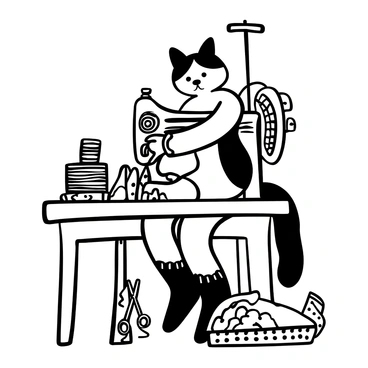 A Victorian-era cat with a fluffy tail and patterned fur is sitting at an antique sewing machine, focusing intently on its task. The sewing machine is intricately designed with ornate details and a decorative base. Spools of thread in various sizes are scattered around the workspace. A half-finished garment, draped over the machine, showcases delicate lace and ruffles. Scissors and measuring tape lie nearby, adding to the scene of craft and creativity. An old wooden table supports the sewing machine, and vintage fabric swatches are stacked alongside it.