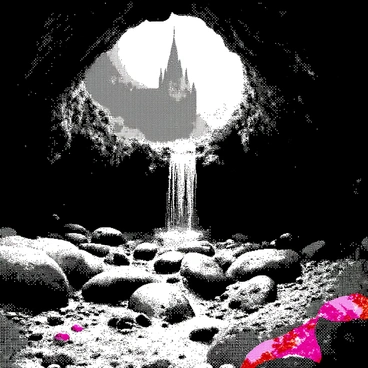 A hidden cavern is situated beneath a grand castle. The cavern is adorned with "radiant crystals" protruding from the rocky walls, reflecting light in various angles. In the center of the scene, "flowing water" cascades gently over smooth stones, creating a tranquil atmosphere. The water flows into small pools scattered throughout the cavern floor. The ground is uneven, dotted with "various sizes of colorful crystals" that add depth to the landscape. The overall composition captures the magical essence of this underground wonder.