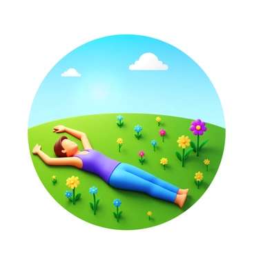 A person performing glute bridges on a green meadow. The individual is lying on their back, knees bent, and feet flat on the ground. Surrounding them are vibrant wildflowers in various colors, creating a colorful landscape. The sky above is clear and bright, enhancing the peaceful atmosphere. The grass is lush and well-maintained, providing a soft surface for the exercise. Sunlight filters through a few scattered clouds, casting gentle shadows on the ground.