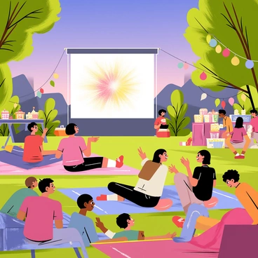 A large outdoor event space filled with people sitting on colorful blankets and folding chairs. In the center, a big screen displays a vibrant video project, illuminating the audience's faces with flickering light. Groups of people gather closely, some pointing and discussing the video, while others smile and clap. Festive decorations such as balloons and streamers hang from nearby trees, creating a lively atmosphere. A table with refreshments, including popcorn and drinks, is set up to the side, with children enjoying snacks. The sky is transitioning to twilight, adding a warm glow to the scene.