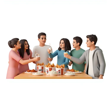 A group of five friends, two men and three women, gathered around a wooden table filled with various KFC chicken dishes. The table is adorned with buckets of crispy fried chicken, wings, and sides such as coleslaw and mashed potatoes. The friends are laughing and chatting, with one woman wearing a red dress, another in a blue top, and the third in a casual green shirt. One man is wearing a white t-shirt while the other sports a gray hoodie. They are raising their drinks in a toast, with smiles on their faces, capturing the joyous atmosphere of the celebration.