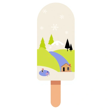 A popsicle with a translucent exterior reveals a tiny landscape inside. The landscape features a small snow-covered hill with a few evergreen trees dusted with white snow. There are tiny snowflakes falling gently in the scene. A miniature ice-skating pond is visible at the base of the hill, with tiny figures skating on its surface. In the background, a small wooden cabin with smoke curling from the chimney is nestled among the trees. The popsicle stick is visible at the bottom, holding the entire scene together.